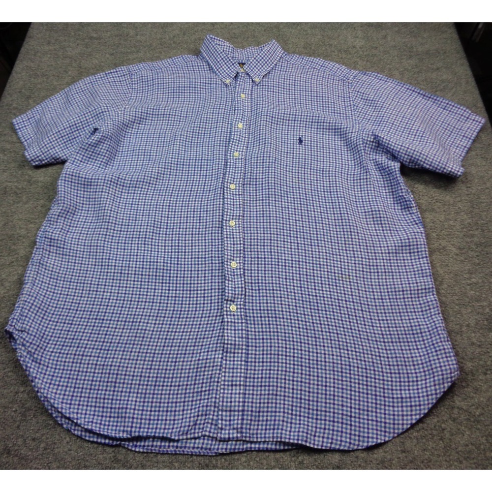Polo Ralph Lauren Shirt Mens 2XLT Blue Plaid Short Sleeve Linen Button Down